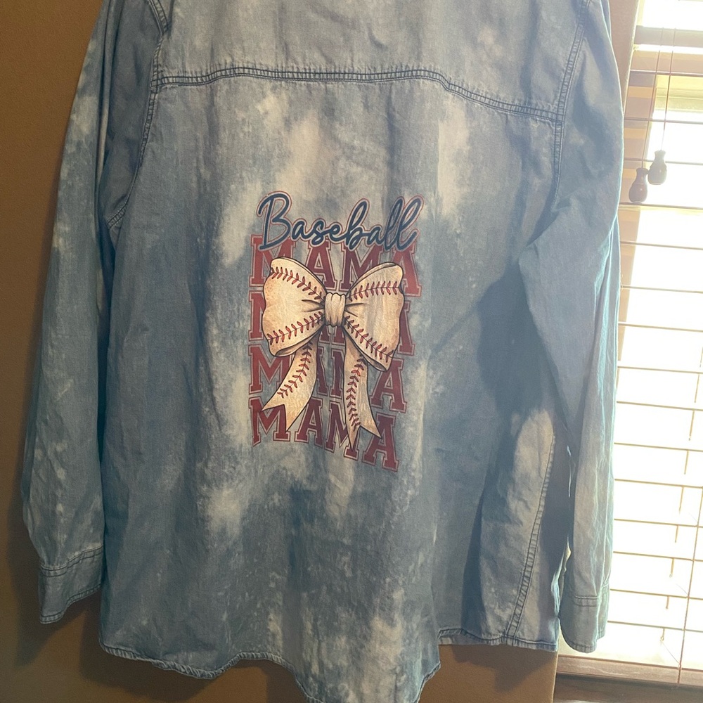 Hand designed women’s baseball mama denim long sleeve button-down size 3X